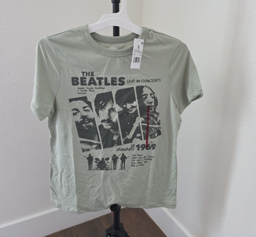 The Beatles Short Sleeve Tee in Sage Green with Black & Red Print